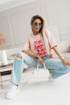 T-SHIRT BAWEŁNIANY Z NAPISEM MORE AMOR POR FAVOR MORELOWY