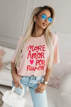 T-SHIRT BAWEŁNIANY Z NAPISEM MORE AMOR POR FAVOR MORELOWY