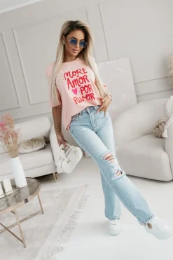 T-SHIRT BAWEŁNIANY Z NAPISEM MORE AMOR POR FAVOR MORELOWY