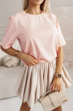 T-SHIRT BAWEŁNIANY Z NAPISEM STAYHERE MORELOWY