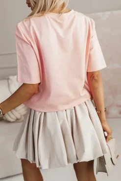 T-SHIRT BAWEŁNIANY Z NAPISEM STAYHERE MORELOWY