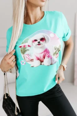 T-SHIRT BAWEŁNIANY Z PIESKIEM TURKUSOWY