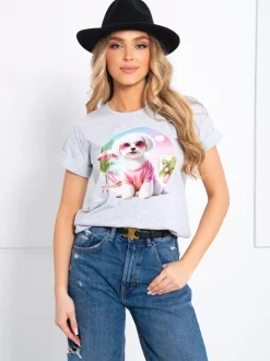 T-SHIRT BAWEŁNIANY Z PIESKIEM SZARY