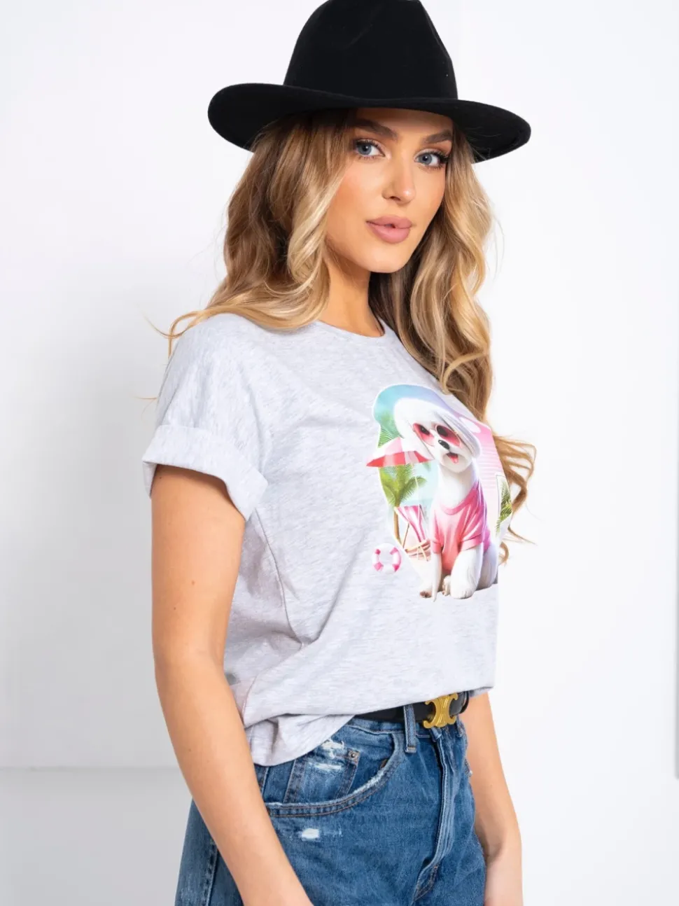 T-SHIRT BAWEŁNIANY Z PIESKIEM SZARY