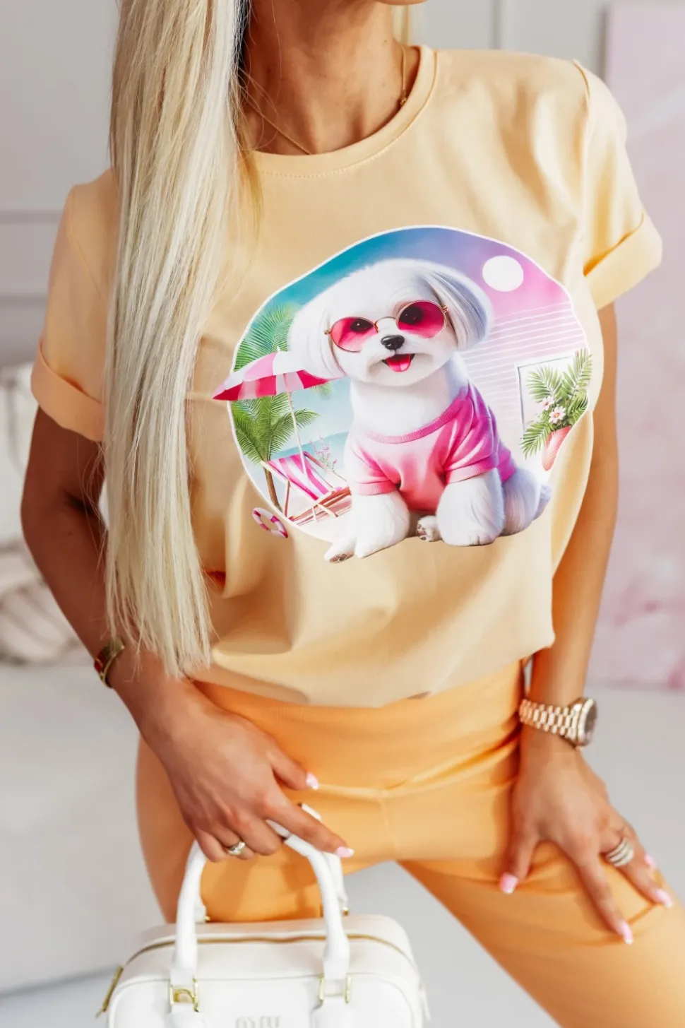 T-SHIRT BAWEŁNIANY Z PIESKIEM MORELOWY