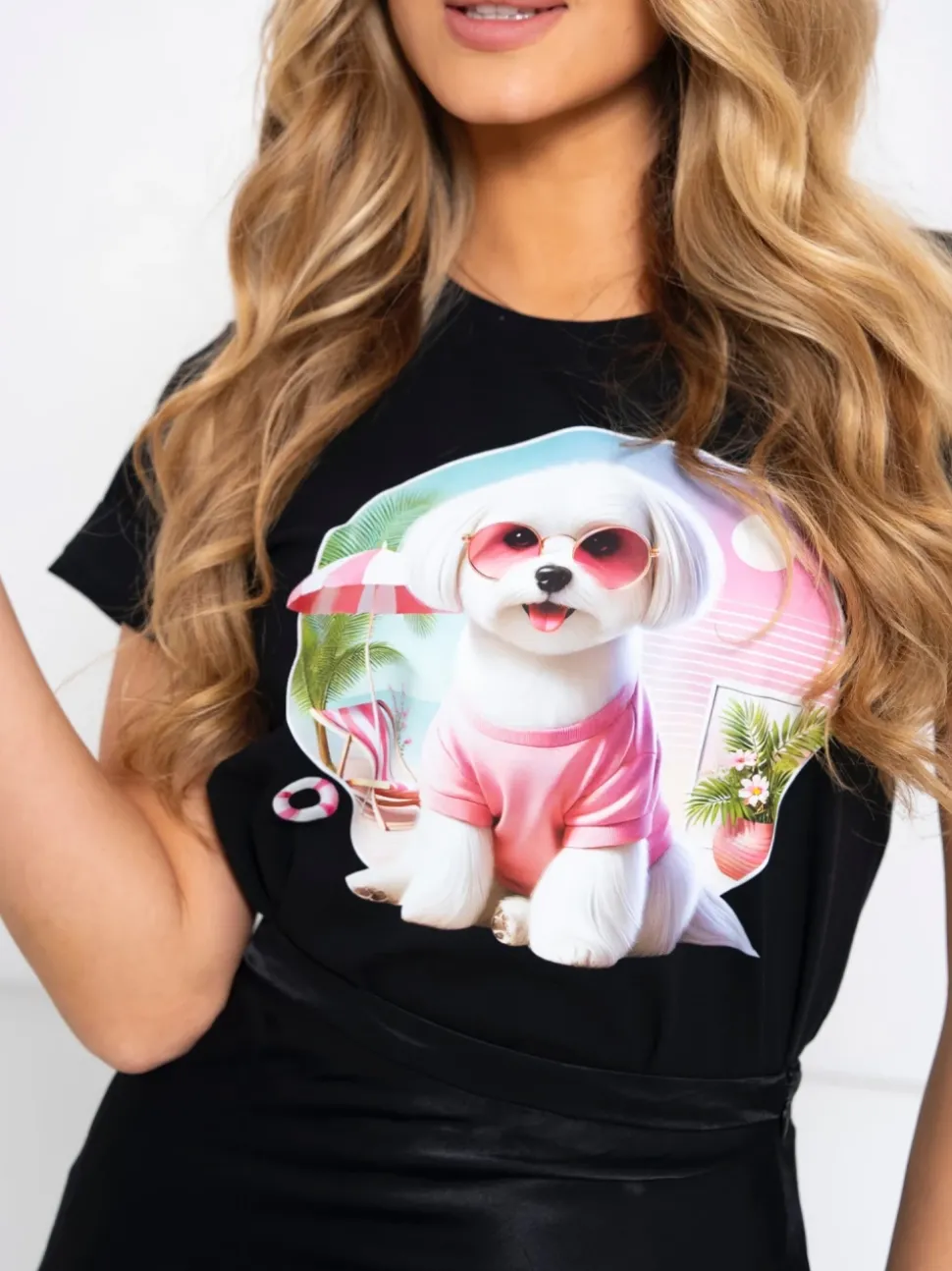 T-SHIRT BAWEŁNIANY Z PIESKIEM CZARNY