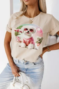 T-SHIRT BAWEŁNIANY Z PIESKIEM BEŻOWY