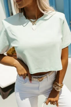 T-SHIRT BAWEŁNIANY Z PODUSZKAMI NA RAMIONACH MIĘTOWY