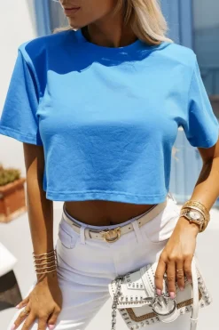 T-SHIRT BAWEŁNIANY Z PODUSZKAMI NA RAMIONACH KOBALTOWY