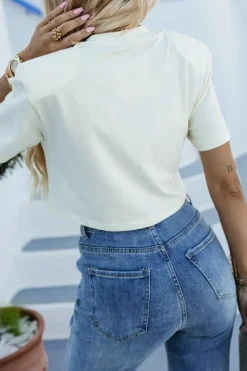 T-SHIRT BAWEŁNIANY Z PODUSZKAMI NA RAMIONACH ŻÓŁTY