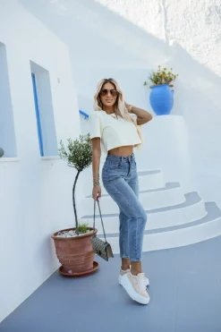 T-SHIRT BAWEŁNIANY Z PODUSZKAMI NA RAMIONACH ŻÓŁTY