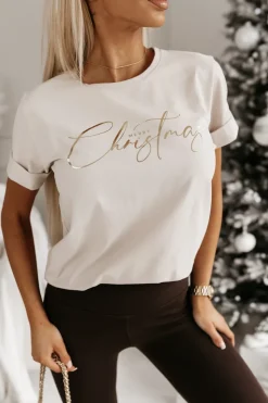 T-SHIRT BAWEŁNIANY ZE ZŁOTYM NAPISEM MERRY CHRISTMAS BEŻOWY