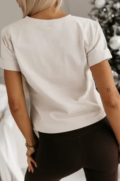 T-SHIRT BAWEŁNIANY ZE ZŁOTYM NAPISEM MERRY CHRISTMAS BEŻOWY