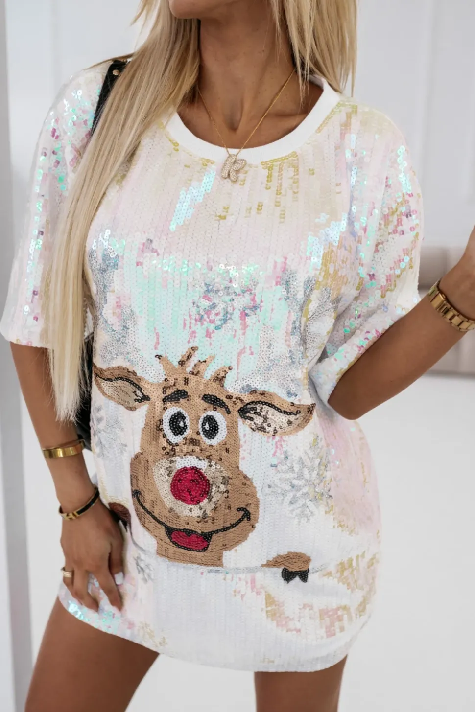 T-SHIRT CEKINOWY RUDOLPH O KROJU OVERSIZE BIAŁY