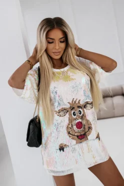 T-SHIRT CEKINOWY RUDOLPH O KROJU OVERSIZE BIAŁY