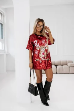 T-SHIRT CEKINOWY RUDOLPH O KROJU OVERSIZE CZERWONY