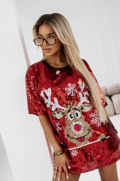 T-SHIRT CEKINOWY RUDOLPH O KROJU OVERSIZE CZERWONY