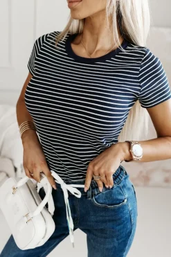 T-SHIRT CLASSIC W PASKI GRANATOWO-BIAŁE