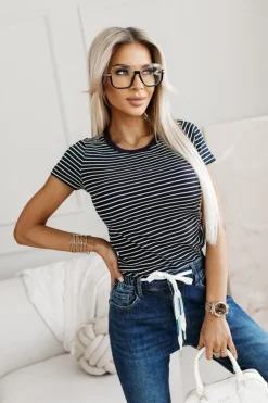 T-SHIRT CLASSIC W PASKI GRANATOWO-BIAŁE