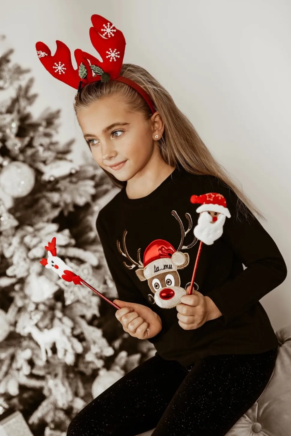 T-SHIRT LA MU RUDOLF RENIFER CZARNY KIDS