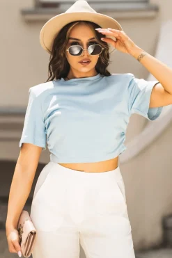 T-SHIRT SHORT Z PODUSZKAMI NA RAMIONACH BŁĘKITNY