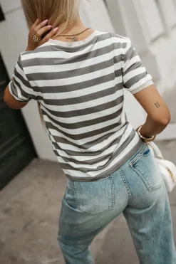 T-SHIRT TOMMY Z WISKOZY W PASKI ZIELONE-ECRU