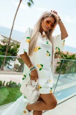 T-SHIRT TUNIKA Z BAWEŁNY O KROJU OVERSIZE W CYTRYNY ECRU