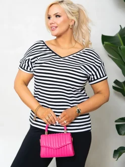 T-SHIRT V-NECK Z WYCIĘCIEM NA PLECACH W PASKI BIAŁO-CZARNE