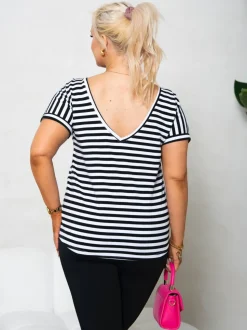 T-SHIRT V-NECK Z WYCIĘCIEM NA PLECACH W PASKI BIAŁO-CZARNE