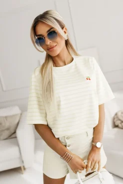 T-SHIRT Z HAFTEM WISIENKI W PASKI BIAŁO-ŻÓŁTE