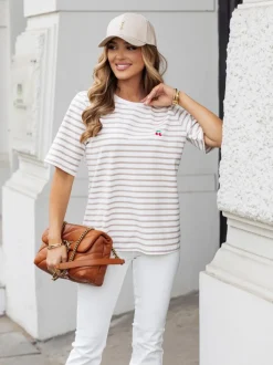 T-SHIRT Z HAFTEM WISIENKI W PASKI BIAŁO-BEŻOWE