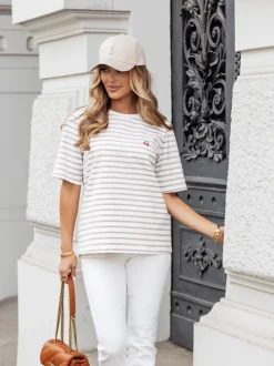 T-SHIRT Z HAFTEM WISIENKI W PASKI BIAŁO-BEŻOWE