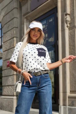 T-SHIRT Z KIESZONKĄ W GRANATOWE KROPKI BIAŁY