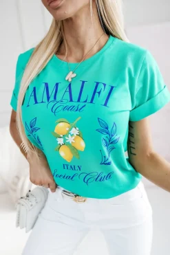 T-SHIRT Z NADRUKIEM AMALFI ITALIA TURKUSOWY