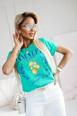T-SHIRT Z NADRUKIEM AMALFI ITALIA TURKUSOWY