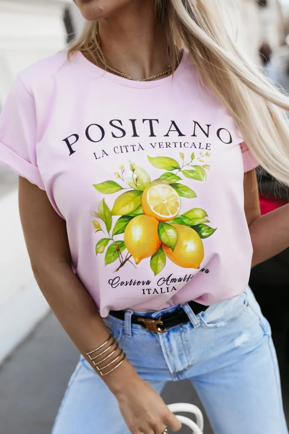 T-SHIRT Z NADRUKIEM POSITANO RÓŻOWY