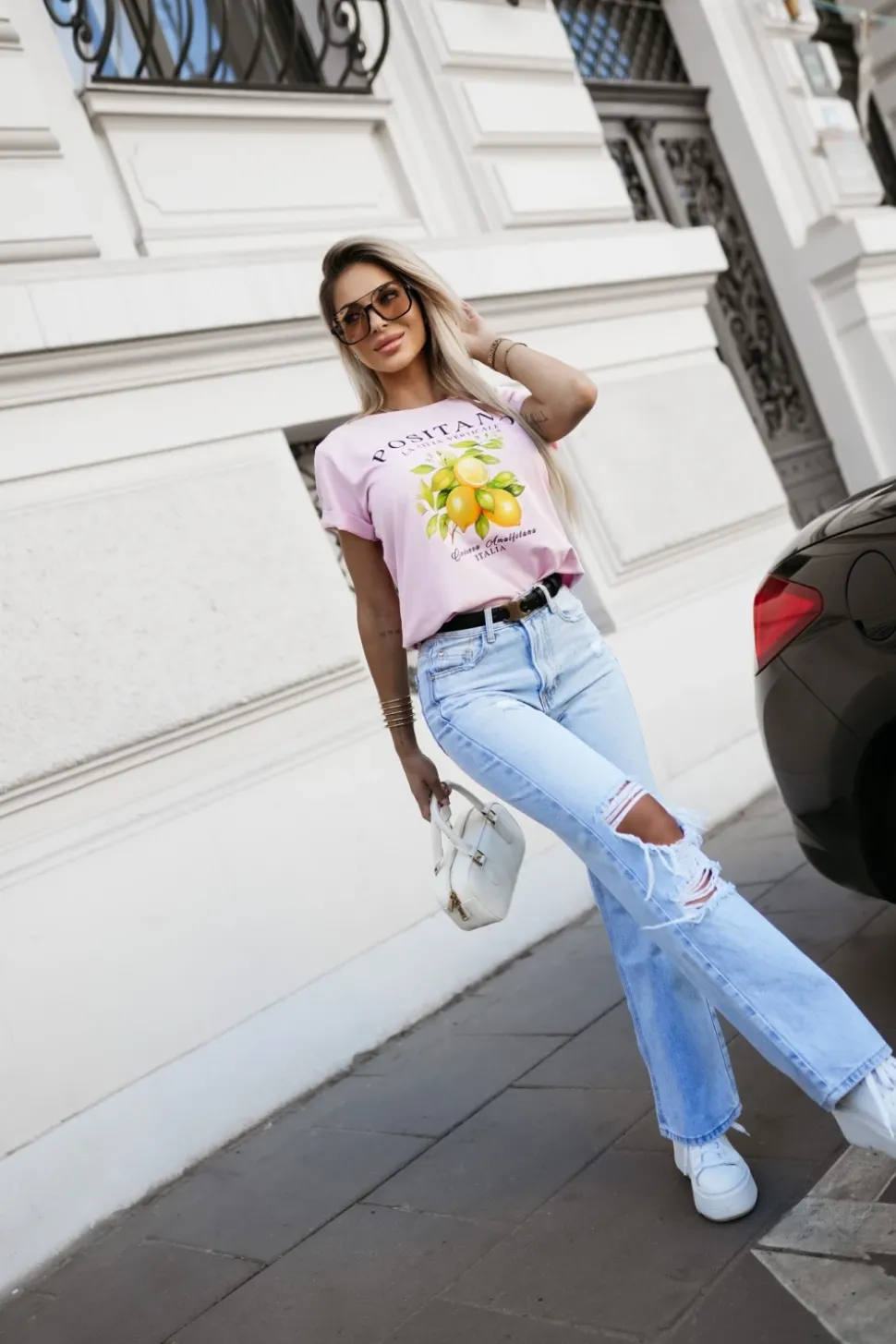 T-SHIRT Z NADRUKIEM POSITANO RÓŻOWY