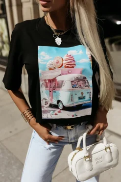 T-SHIRT Z NADRUKIEM WAKACYJNY VAN CZARNY