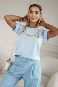 T-SHIRT Z NAPISEM PROSECCO BŁĘKITNY