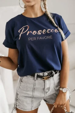 T-SHIRT Z NAPISEM PROSECCO GRANATOWY