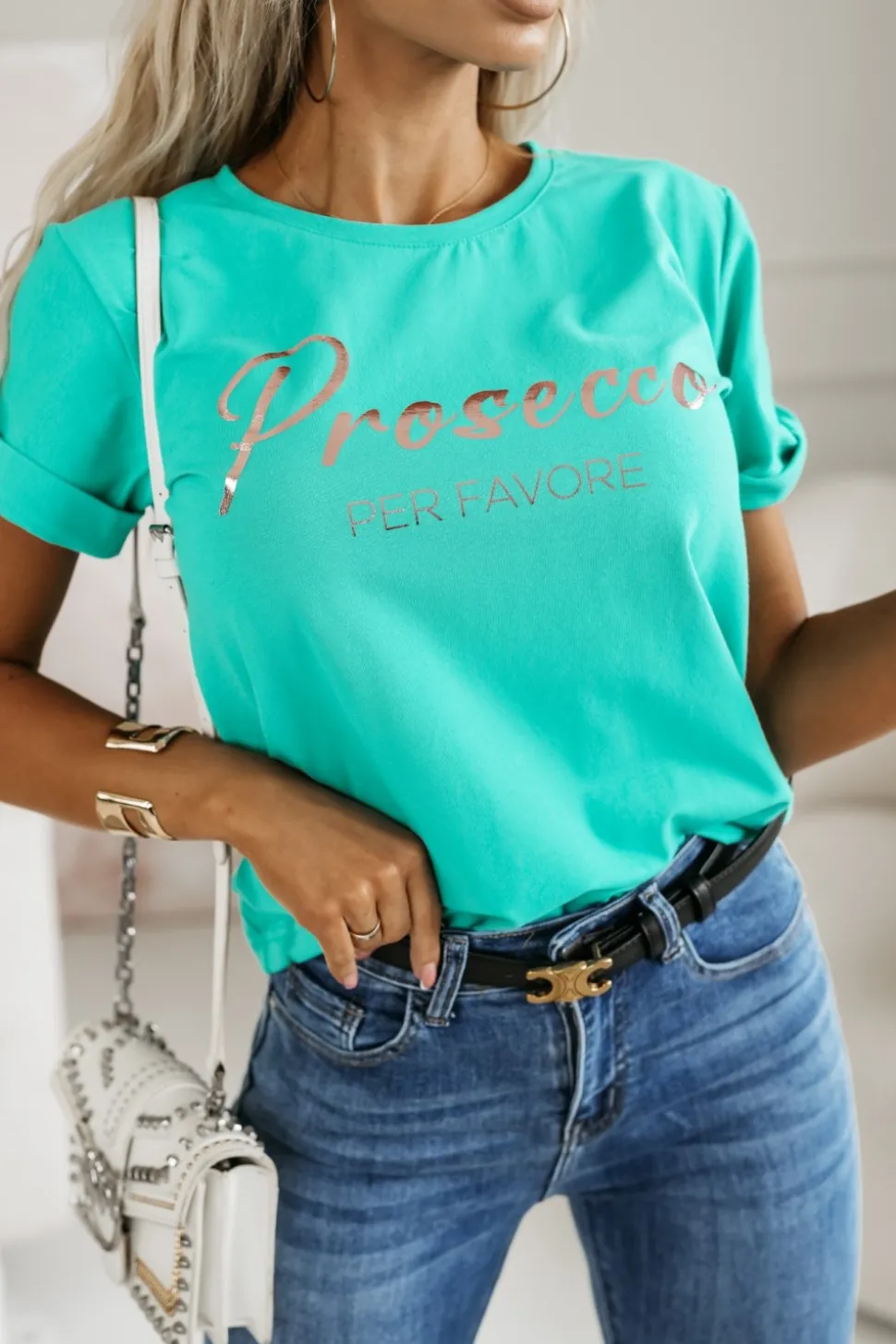 T-SHIRT Z NAPISEM PROSECCO ZIELONY