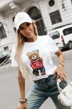 T-SHIRT Z NASZYWKĄ TEDDY BIAŁY