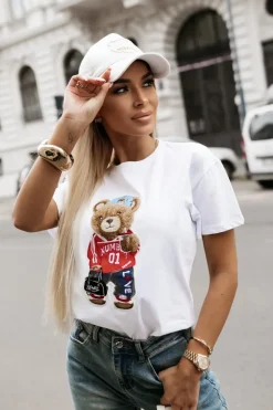 T-SHIRT Z NASZYWKĄ TEDDY BIAŁY
