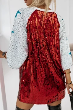 TUNIKA CEKINOWA OVERISZE Z KRÓTKIM RĘKAWEM NO 76 CZERWONA