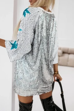 TUNIKA CEKINOWA OVERISZE Z KRÓTKIM RĘKAWEM NO 76 BIAŁA