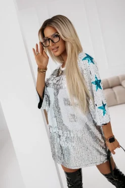 TUNIKA CEKINOWA OVERISZE Z KRÓTKIM RĘKAWEM NO 76 BIAŁA