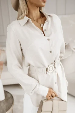 TUNIKA KOSZULA RAYON Z WISKOZY Z PASKIEM W KOMPLECIE BEŻOWA