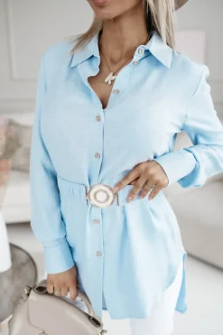 TUNIKA KOSZULA RAYON Z WISKOZY Z PASKIEM W KOMPLECIE BŁĘKITNA