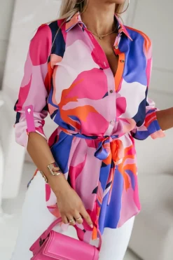 TUNIKA KOSZULA Z PASKIEM AMERICANO W KWIATY RÓŻOWO-FIOLETOWE